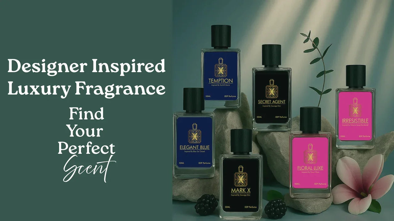 Luxury fragrance bottles with designer-inspired labels, flowers, and nature props.