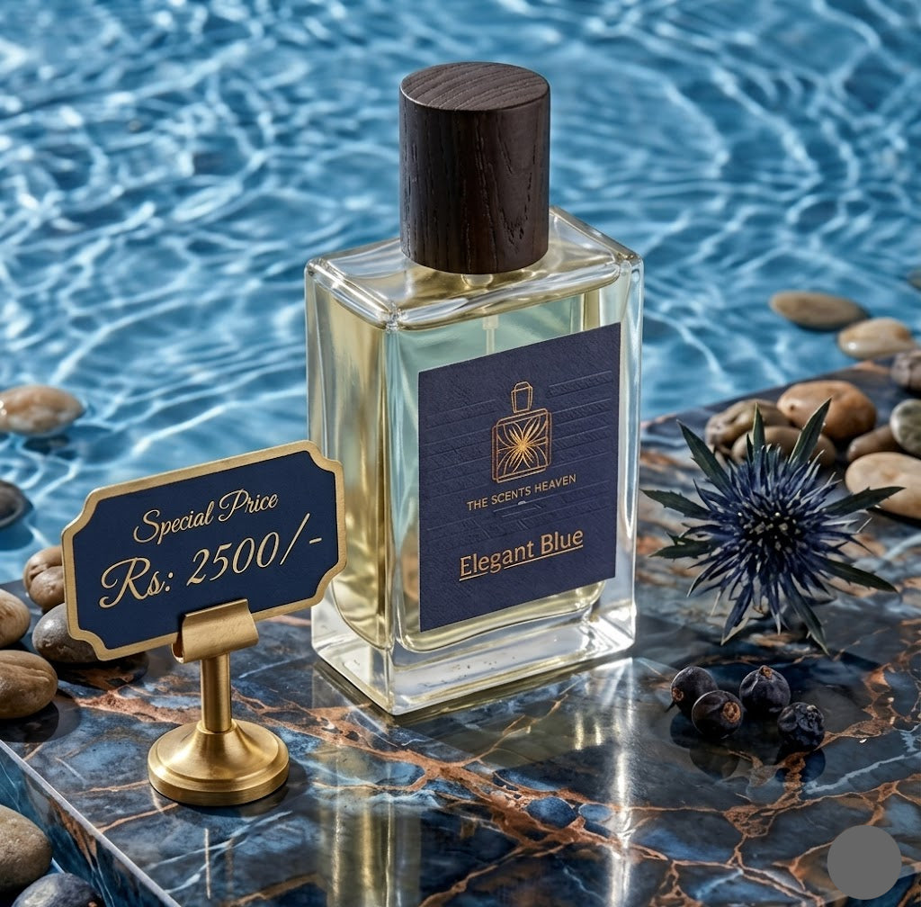 Perfume bottle labeled 'Elegant Blue' with a price tag on a reflective surface.