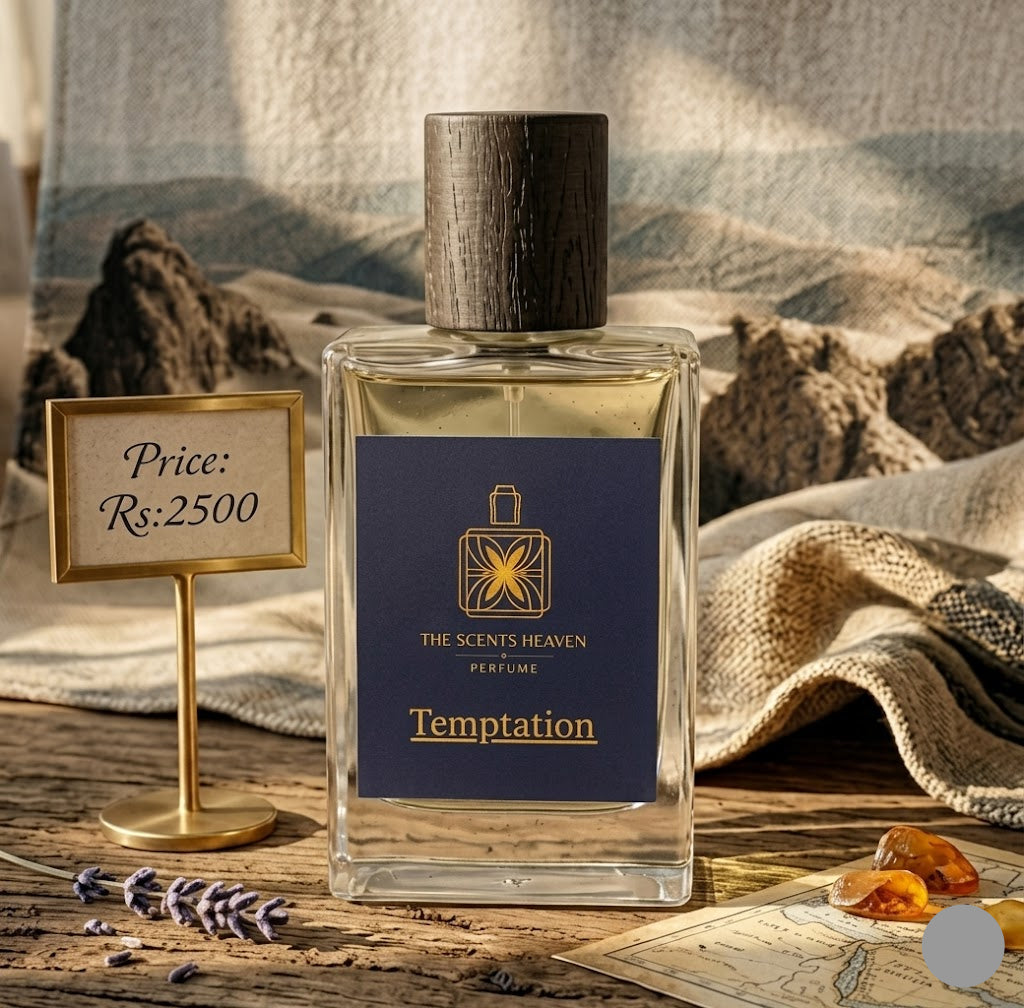 Perfume bottle labeled 'Temptation' by 'The Scents Heaven' with a price tag on a rustic background.