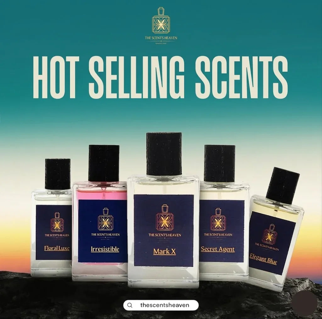 Five designer-inspired perfume bottles labeled Floral Luxe, Irresistible, Mark X, Secret Agent, and Elegant Blue, displayed against a gradient background.