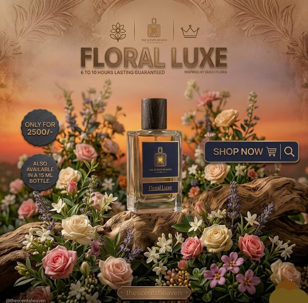 Floral Luxe perfume bottle surrounded by flowers with 'Shop Now' button.