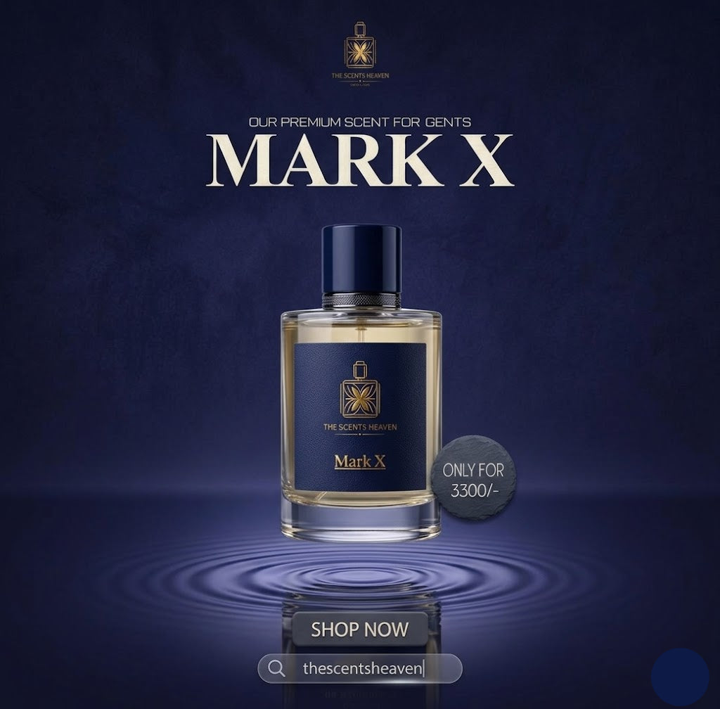Perfume bottle labeled 'Mark X' on a dark blue background with branding elements.