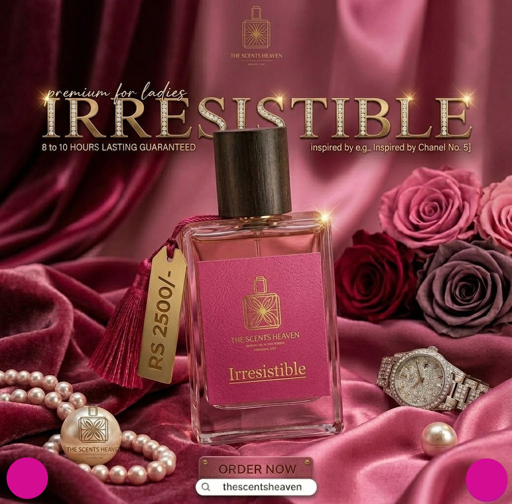 Perfume bottle labeled 'Irresistible' with roses, pearls, and a watch on a pink fabric background.